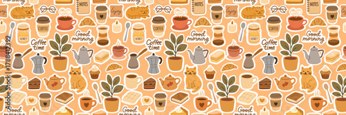 Cozy coffee morning pattern.Cute cats, coffee cups