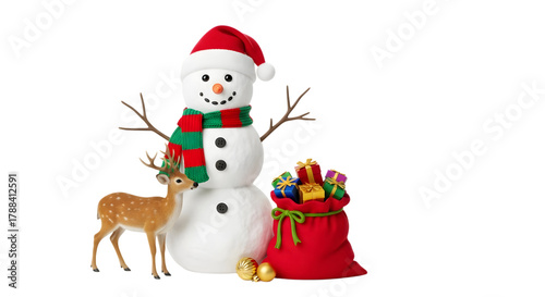 Inflatable christmas snowman with deer and gifts isolated on transparent background