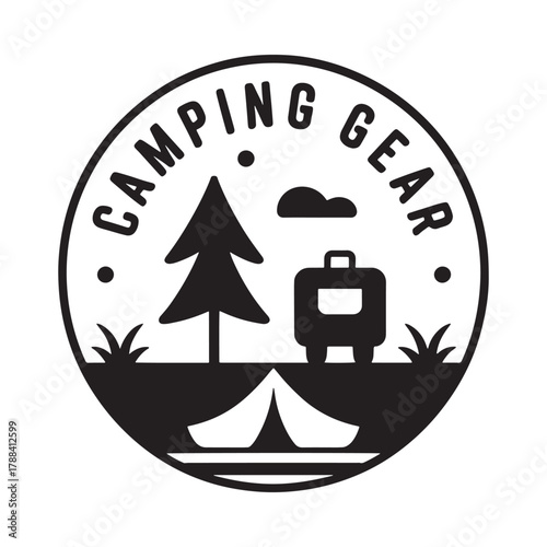 Vintage camping gear emblem with tent tree and suitcase