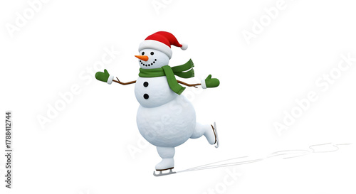 Happy snowman ice skating wearing santa hat isolated on transparent background