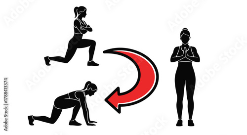 Woman demonstrating a sequence of fitness exercises, from lunge to plank and standing pose.