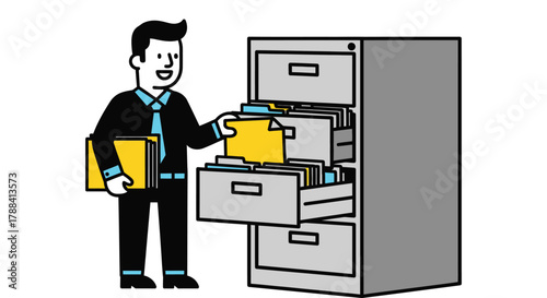 Organized businessman filing documents in a cabinet with a smile