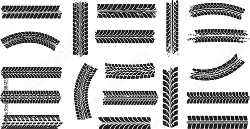 Collection of Various Tire Tracks and Tread Patterns, Vector Graphics Representing Different Textures and Designs