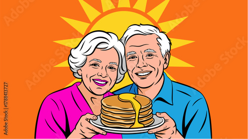 Elderly couple holding stack of pancakes sunny pop art background