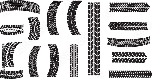 Set of Various Tire Tracks Isolated on White Background for Design, Vector Illustration. Car Tyre Marks, Trail Patterns