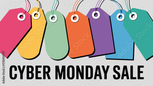 Cyber Monday sale graphic with six colorful hanging price tags and bold black text on light gray background, festive ecommerce promotion