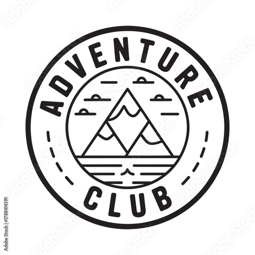 Circular emblem for adventure club featuring mountains and clouds