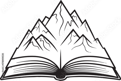 Open book transforming into majestic mountains line art