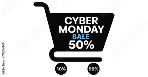 Cyber Monday sale shopping cart graphic with bold text and discount percentages, ecommerce promotional design for digital retail campaigns