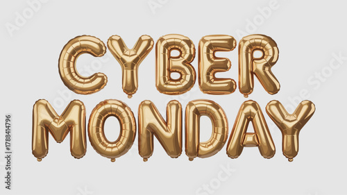 Cyber Monday gold balloon text on light gray background, festive metallic typography for online shopping, ecommerce, and digital sales promotions