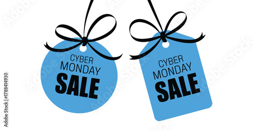 Cyber Monday sale tags with black ribbon bows — elegant blue circular and rectangular labels for ecommerce, discount, and festive promotion