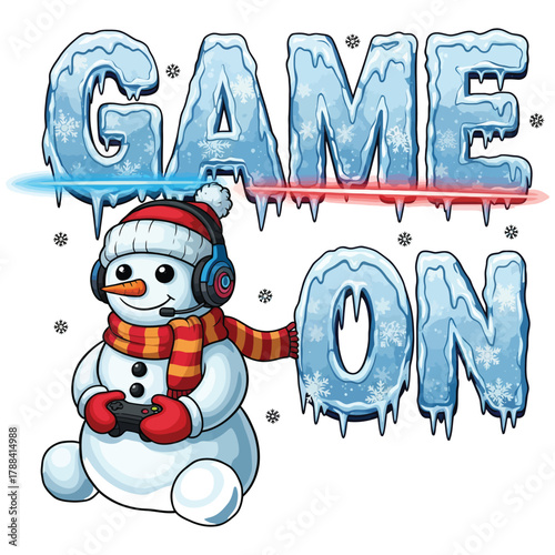Cute snowman character wearing a headset and playing a video game with icy "game on" typography.