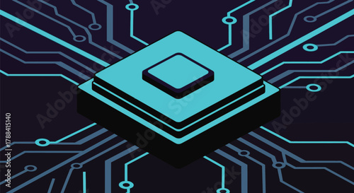 Futuristic circuit board with glowing central processor, symbolizing advanced technology and data flow.