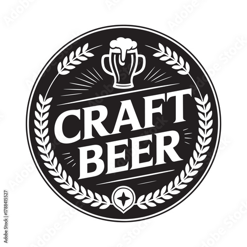 Vintage craft beer emblem with beer mug and laurel wreath