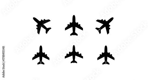Six silhouetted airplanes flying in formation against a white background.