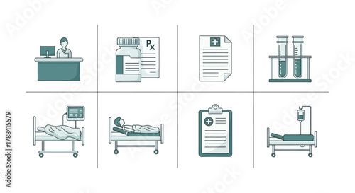 Healthcare icons depicting medical care, patient treatment, and laboratory research for health services