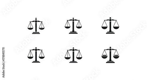 Abstract arrangement of classic scales of justice icons on a white background symbolizing balance and law.