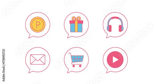 Collection of modern icons representing online shopping, gifts, and communication.
