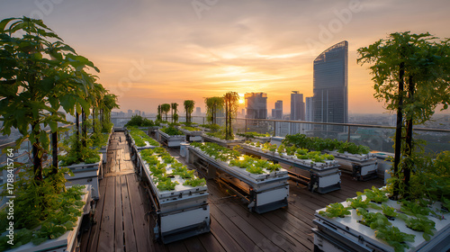 An AI-assisted rooftop garden with smart sensors and hydroponics setup growing fresh vegetables