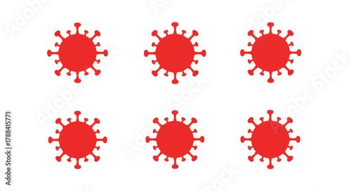Six red cartoon virus illustrations on a white background, symbolizing global health concerns.