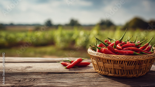 Spicy chili pepper basket on rustic wood table, fresh harvest in sunny farm field background, vibrant red heat evokes lively kitchen energy