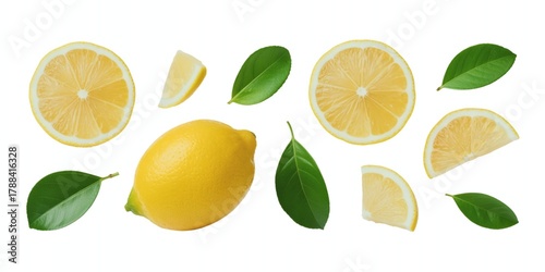 Minimal pastel style creative layout made of lemon and green leaves, including half lemon, slices, and pieces, arranged in flat lay composition, fruit concept