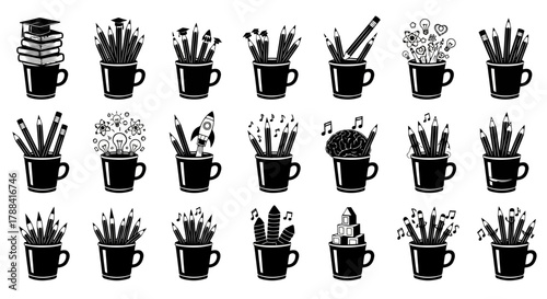 Collection of learning and education icons featuring pencils books graduation caps and creative ideas in mugs on white background