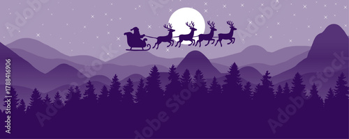 santa's silhouette sleigh ride over a purple winter wonderland landscape with a full moon and sparkling stars.