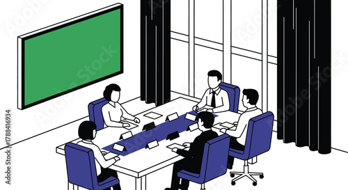 Diverse team collaborates in a modern boardroom, discussing ideas around a table with a presentation screen.