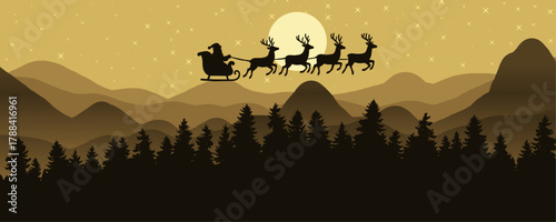 Silhouette of Santa in his sleigh pulled by reindeer flying over a forest and mountains, with a full moon and a starry sky, all in shades of golden brown.