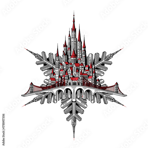 Snowflake designed as a tiny crystal city in black and red  