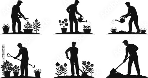 Man gardening, watering plants, digging soil, trimming bushes, planting flowers, horticulture activity, garden maintenance, outdoor work, agriculture care, farming labor vector illustration