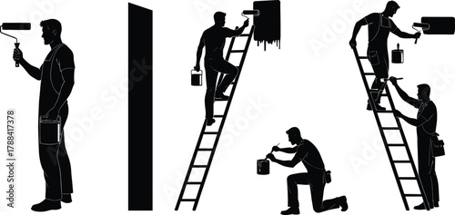 Professional painters working with rollers and ladders, home interior renovation, teamwork painting walls, construction workers decorating room, modern house improvement vector illustration