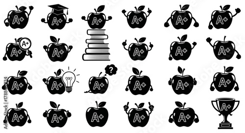 Set of A plus grade apple characters for education and success, featuring apples with graduation hats, books, ideas, and trophy awards