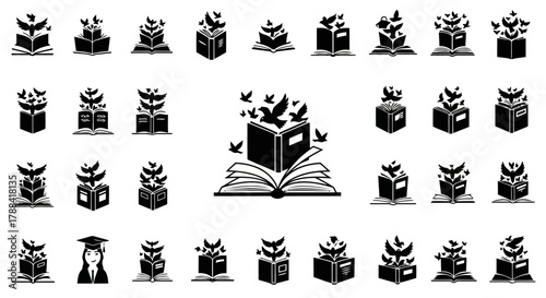 Black and white open books with flying birds symbol of freedom and knowledge education learning and imagination vector illustration
