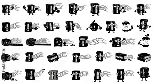 Pencil sharpener character set vector black white illustration school supplies various poses emotions action concept education tools art collection
