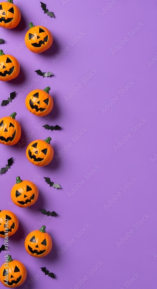 Naklejka premium Spooky halloween pumpkins and bats arranged on a vibrant purple background
