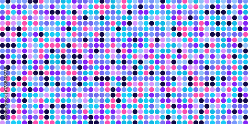 Purple disco party seamless pattern. Circle sequin mosaic texture background. Abstract shining colorful halftone wallpaper. Pop up comic glitter sparkles backdrop. Retro vector design template