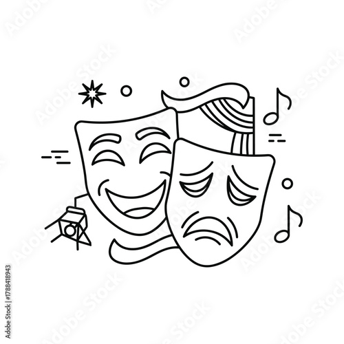 Comedy and tragedy masks with theatrical elements