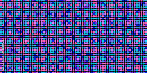 Purple disco party seamless pattern. Circle sequin mosaic texture background. Abstract shining colorful halftone wallpaper. Pop up comic glitter sparkles backdrop. Retro vector design template