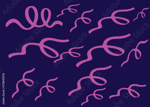 Dynamic abstract pattern featuring elegant pink swirling ribbons and fluid lines on a deep blue background, perfect for festive designs, playful decorations, or modern artistic projects