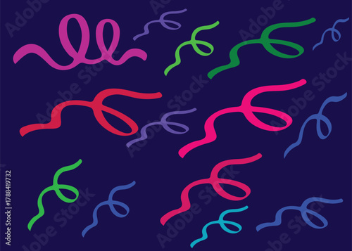 Abstract art of colorful swirling ribbons and festive streamers on a deep blue background, ideal for celebrations, parties, and vibrant graphic design