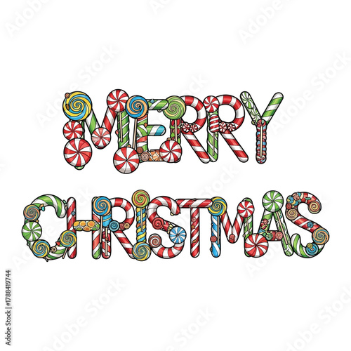 Merry Christmas" text spelled out using colorful candy canes and lollipops illustration..
