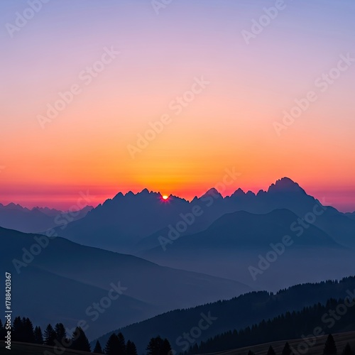 Wallpaper Mural Majestic Sunrise over Mountain Ridges, Forests, Colorful Sky, Scenery, Landscape Torontodigital.ca
