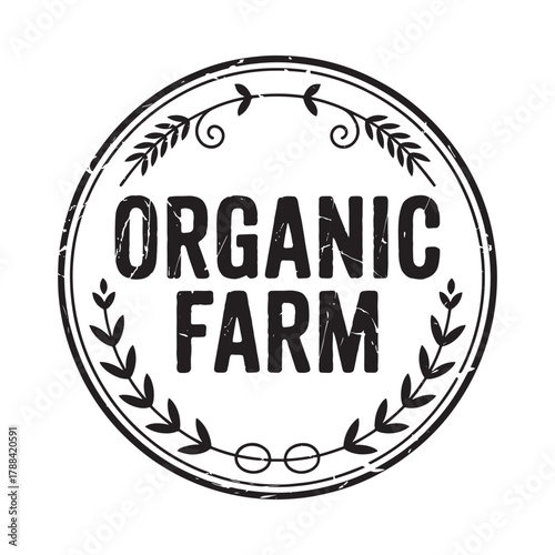 Rustic organic farm emblem with laurel wreath and distressed texture