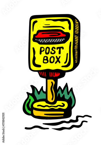 Mailbox bright yellow-red, street. Vector illustration color on a white isolated background