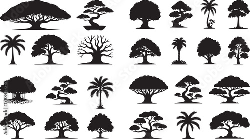 Large Tree Silhouette Vector Set: Palm, Oak, Bonsai, and Forest Nature Graphic Collection