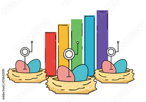 Colorful IoT eggs nestled in nests with backup tracks. Modern, vibrant illustration. Suitable for technology, data, and backup concepts.