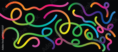 Abstract Gradient Color Lines. Vector Wavy Graphic Design Elements on Black Background. 3D Wave Shapes Pattern.  Organic Lines Rainbow Color Ribbon. 