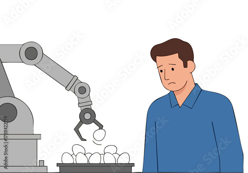 A man looks frustrated as a robotic arm drops eggs. Illustrative, modern style. Represents automation challenges. Troubleshoot Farm.